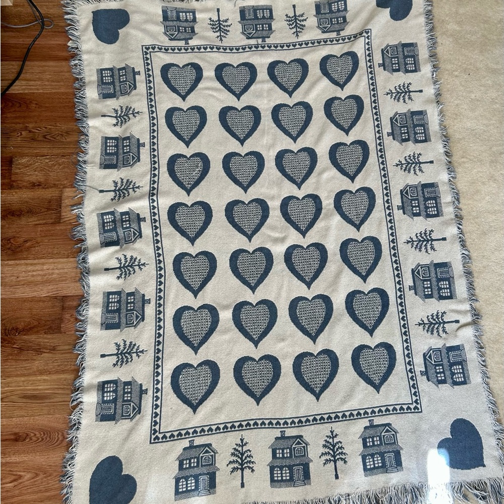 Vintage Cream and Blue Heart & Cottage Throw Blanket Tapestry
